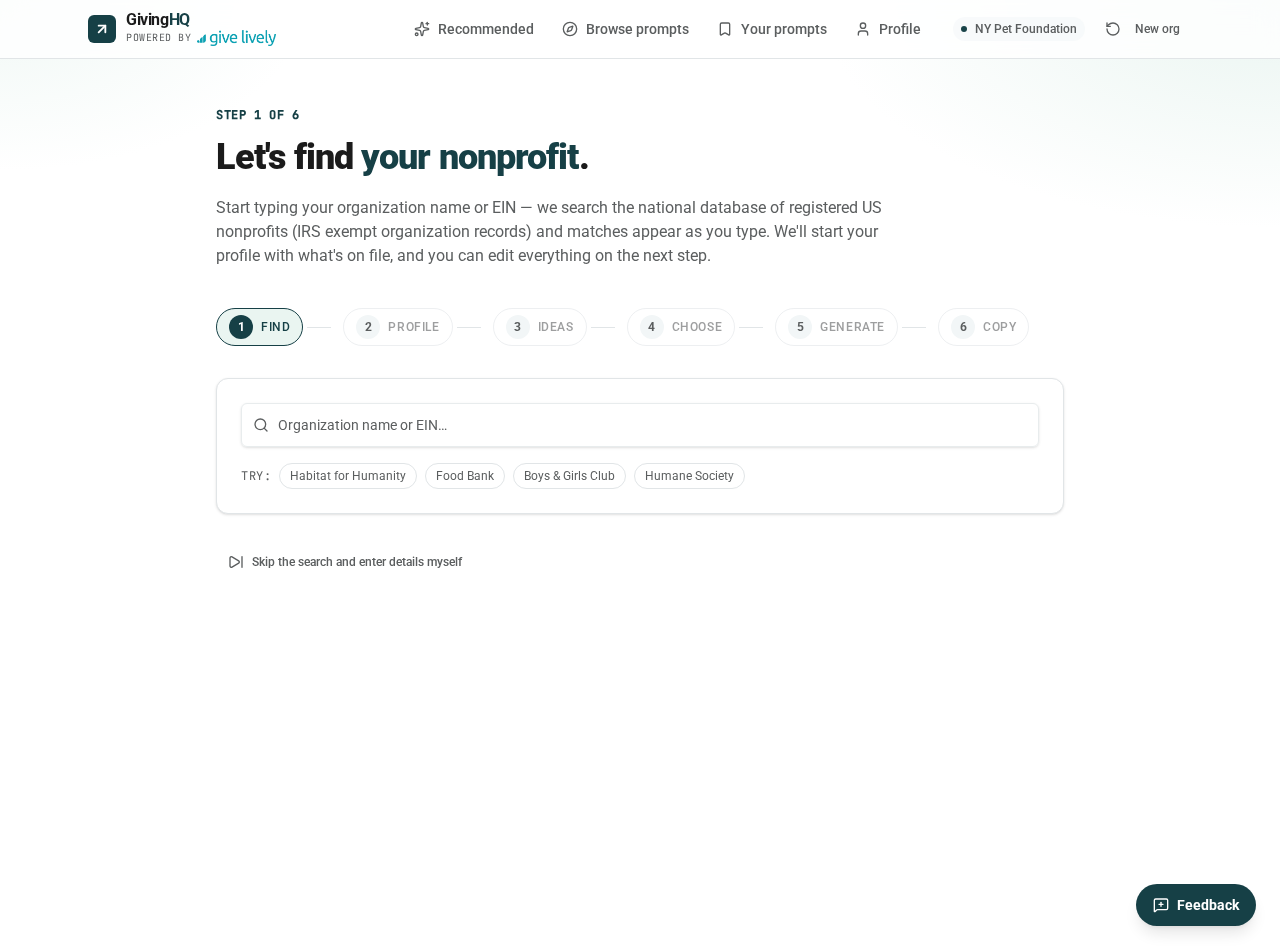 The Giving HQ nonprofit search page