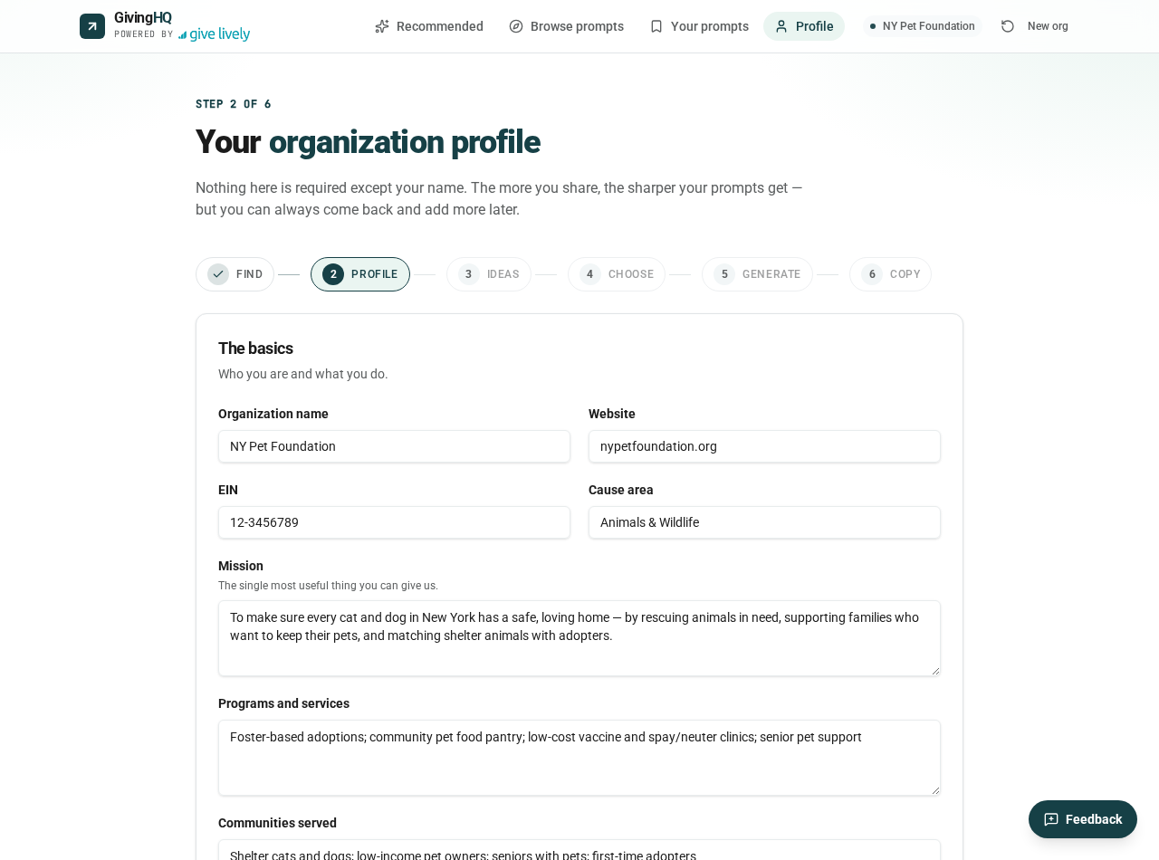 The Giving HQ organization profile form filled in for NY Pet Foundation