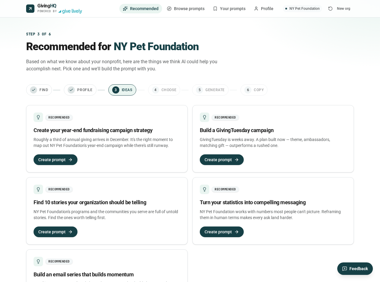 Recommended prompt ideas tailored to NY Pet Foundation